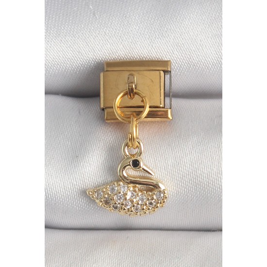 316L Çelik Gold Renk Sallantı Zirkon Taşlı Kuğu Model Nomination Charm - TJ-BC1359