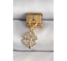 316L Çelik Gold Renk Sallantı Zirkon Taşlı Yonca Model Nomination Charm - TJ-BC1361