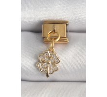 316L Çelik Gold Renk Sallantı Zirkon Taşlı Yonca Model Nomination Charm - TJ-BC1361
