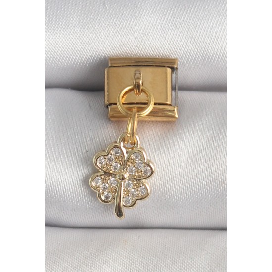 316L Çelik Gold Renk Sallantı Zirkon Taşlı Yonca Model Nomination Charm - TJ-BC1361