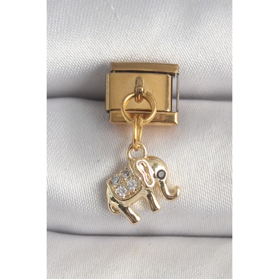 316L Çelik Gold Renk Sallantı Zirkon Taşlı Fil Model Nomination Charm - TJ-BC1362