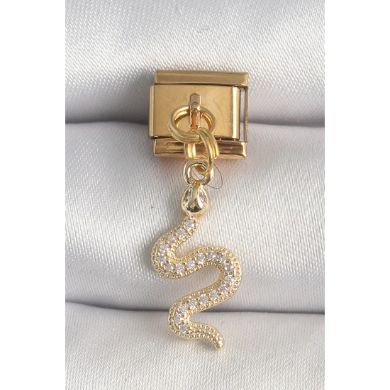 316L Çelik Gold Renk Sallantı Zirkon Taşlı Yılan Model Nomination Charm - TJ-BC1364