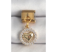316L Çelik Gold Renk Sallantı Zirkon Taşlı Kalp Model Nomination Charm - TJ-BC1367