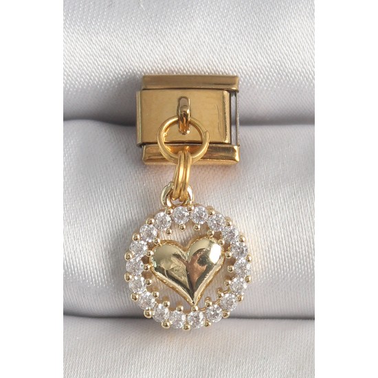 316L Çelik Gold Renk Sallantı Zirkon Taşlı Kalp Model Nomination Charm - TJ-BC1367