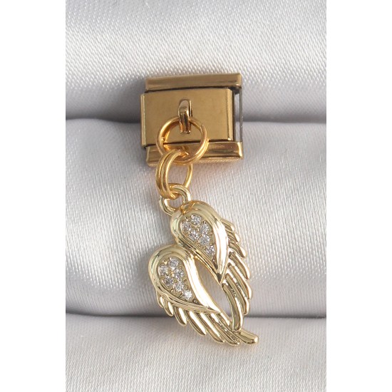 316L Çelik Gold Renk Sallantı Zirkon Taşlı Kanat Model Nomination Charm - TJ-BC1368