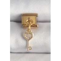 316L Çelik Gold Renk Sallantı Zirkon Taşlı Kalpli Anahtar Model Nomination Charm TJ-BC1371