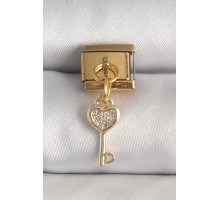 316L Çelik Gold Renk Sallantı Zirkon Taşlı Kalpli Anahtar Model Nomination Charm - TJ-BC1371