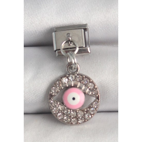316L Çelik Gümüş Renk Sallantı Zirkon Taşlı Pembe Göz Model Nomination Charm - TJ-BC1373