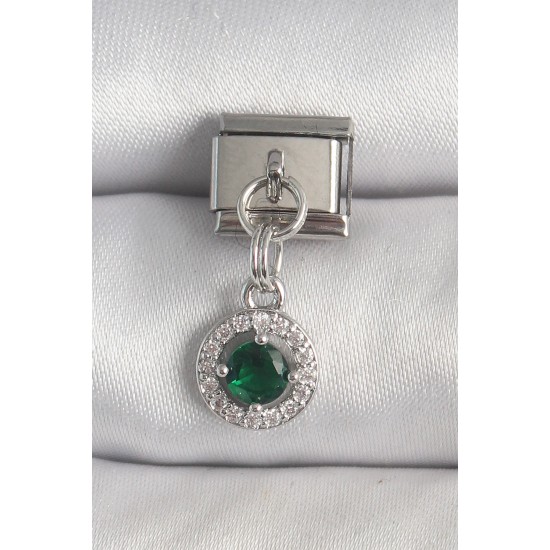 316L Çelik Gümüş Renk Sallantı Yeşil Zirkon Taşlı Nomination Charm - TJ-BC1376