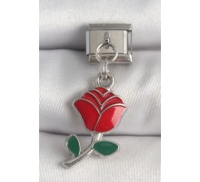 316L Çelik Gümüş Renk Sallantı Kırmızı Gül Model Nomination Charm - TJ-BC1379