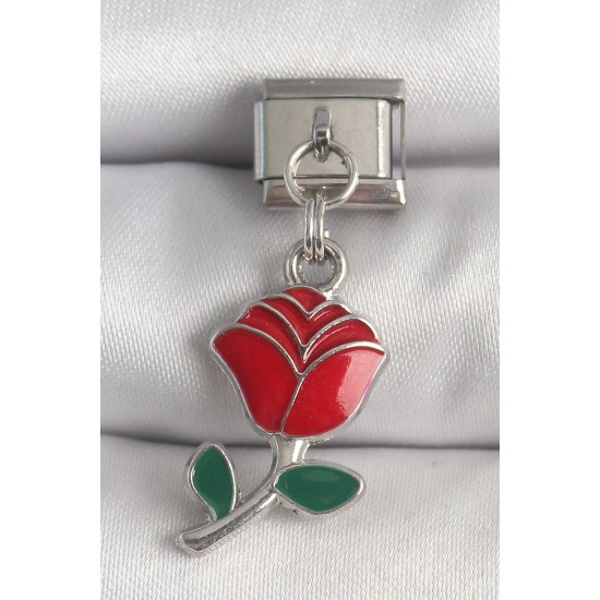 316L Çelik Gümüş Renk Sallantı Kırmızı Gül Model Nomination Charm - TJ-BC1379