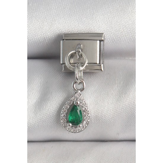316L Çelik Gümüş Renk Sallantı Yeşil Zirkon Taşlı Damla Model Nomination Charm - TJ-BC1383