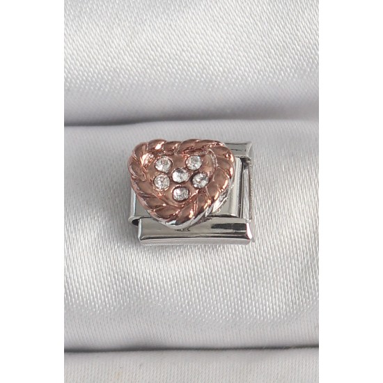 316L Çelik Gümüş Renk Zirkon Taşlı Bronz Kalp İşlemeli Nomination Charm - TJ-BC1393