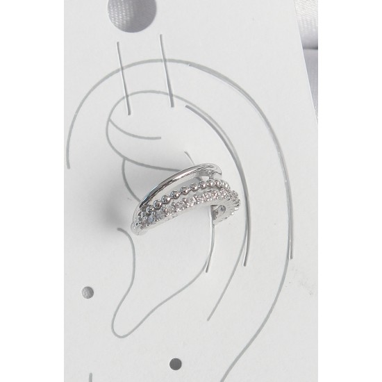 Pirinç Gümüş Renk Zirkon Taşlı 3'Lü Sıralı Kadın Kıkırdak Küpe - TJ-BKP10554