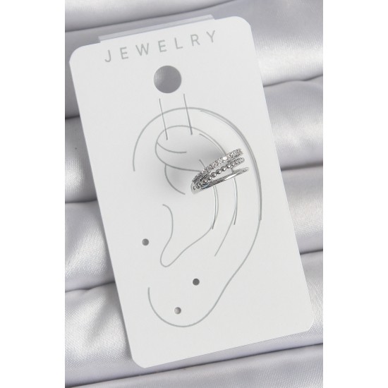 Pirinç Gümüş Renk Zirkon Taşlı 3'Lü Sıralı Model Kadın Kıkırdak Küpe - TJ-BKP10555