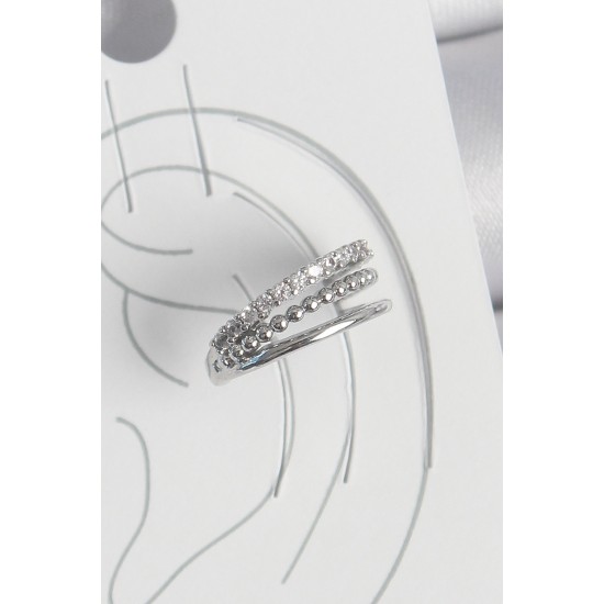 Pirinç Gümüş Renk Zirkon Taşlı 3'Lü Sıralı Model Kadın Kıkırdak Küpe - TJ-BKP10555