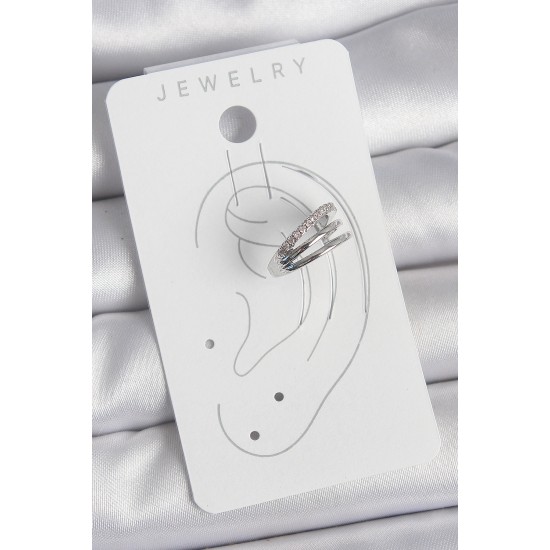 Pirinç Gümüş Renk Zirkon Taşlı 3'Lü Sıralı Model Kadın Kıkırdak Küpe - TJ-BKP10557