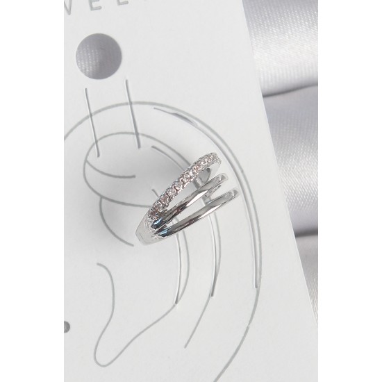 Pirinç Gümüş Renk Zirkon Taşlı 3'Lü Sıralı Model Kadın Kıkırdak Küpe - TJ-BKP10557