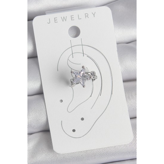 Pirinç Gümüş Renk Zirkon Taşlı Yıldız Model Kadın Kıkırdak Küpe - TJ-BKP10558