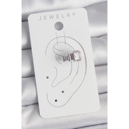 Pirinç Gümüş Renk Kare Zirkon Taşlı Kadın Kıkırdak Model Küpe - TJ-BKP10560