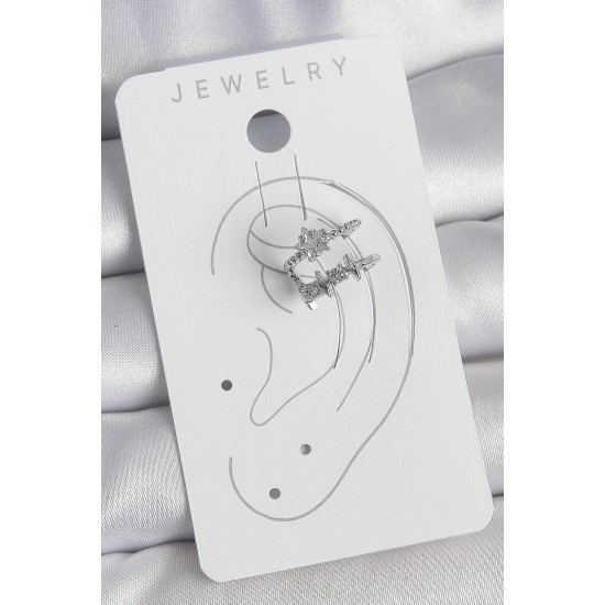 Pirinç Gümüş Renk Zirkon Taşlı Yıldız Model Kadın Kıkırdak Küpe - TJ-BKP10561