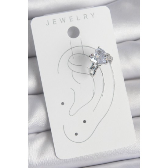 Pirinç Gümüş Renk Zirkon Taşlı Kalp Model Kadın Kıkırdak Küpe - TJ-BKP10563