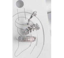 Pirinç Gümüş Renk Zirkon Taşlı 3'Lü Model Yaprak Figür Kadın Kıkırdak Küpe - TJ-BKP10564