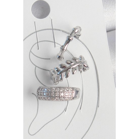 Pirinç Gümüş Renk Zirkon Taşlı 3'Lü Model Yaprak Figür Kadın Kıkırdak Küpe - TJ-BKP10564