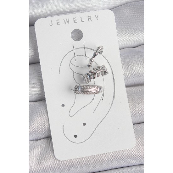 Pirinç Gümüş Renk Zirkon Taşlı 3'Lü Model Yaprak Figür Kadın Kıkırdak Küpe - TJ-BKP10564