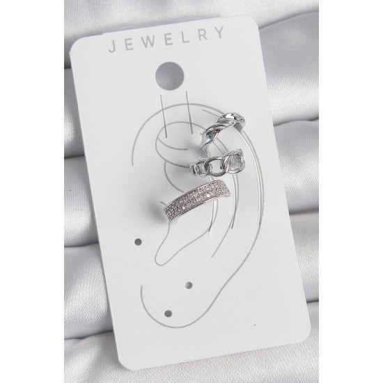 Pirinç Gümüş Renk Zirkon Taşlı 3'Lü Zincir Sarmal Model Kadın Kıkırdak Küpe - TJ-BKP10565