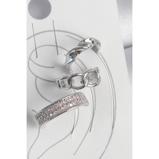 Pirinç Gümüş Renk Zirkon Taşlı 3'Lü Zincir Sarmal Model Kadın Kıkırdak Küpe - TJ-BKP10565