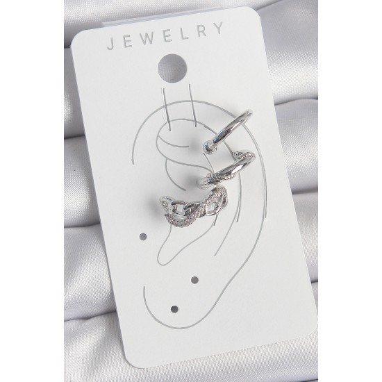 Pirinç Gümüş Renk Zirkon Taşlı 3'Lü Model Sonsuzluk Zincir Model Kıkırdak Küpe - TJ-BKP10566