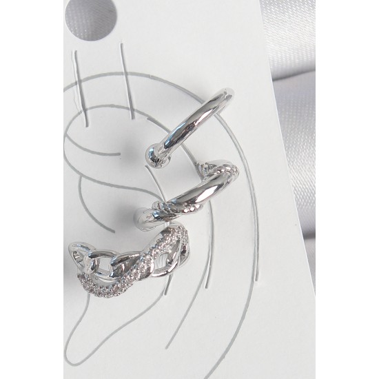 Pirinç Gümüş Renk Zirkon Taşlı 3'Lü Model Sonsuzluk Zincir Model Kıkırdak Küpe - TJ-BKP10566