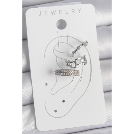 Pirinç Gümüş Renk Zirkon Taşlı 3'Lü Model Kare Bambu Model Kadın Kıkırdak Küpe - TJ-BKP10567