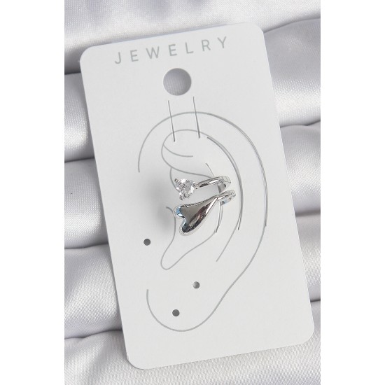 Pirinç Gümüş Renk Zirkon Taş Detaylı Kalp Model Kadın Kıkırdak Küpe - TJ-BKP10570