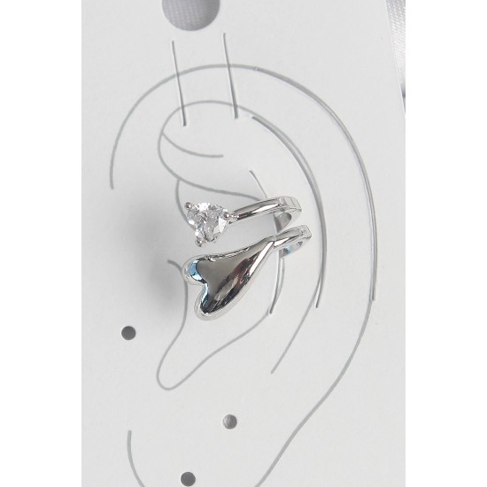 Pirinç Gümüş Renk Zirkon Taş Detaylı Kalp Model Kadın Kıkırdak Küpe - TJ-BKP10570