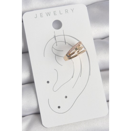 Pirinç Gold Renk Zirkon Taşlı 3'Lü Sıralı Model Kadın Kıkırdak Küpe - TJ-BKP10579