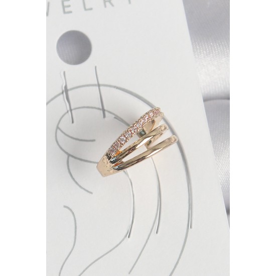 Pirinç Gold Renk Zirkon Taşlı 3'Lü Sıralı Model Kadın Kıkırdak Küpe - TJ-BKP10579