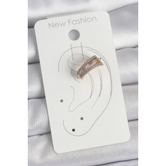 Pirinç Gold Renk Zirkon Taşlı 3'Lü Sıralı Model Kadın Kıkırdak Küpe - TJ-BKP10580