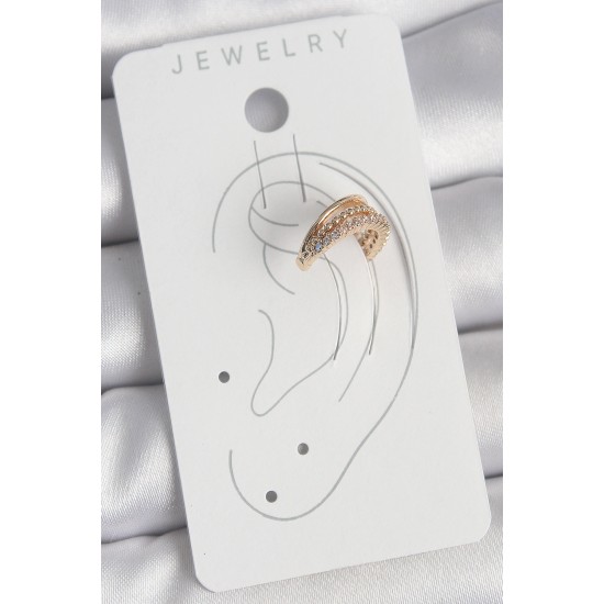 Pirinç Gold Renk Zirkon Taşlı 3'Lü Sıralı Model Kadın Kıkırdak Küpe - TJ-BKP10581