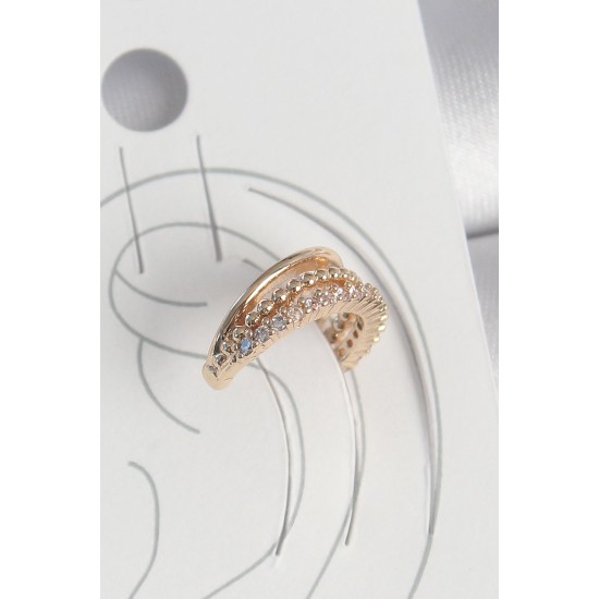 Pirinç Gold Renk Zirkon Taşlı 3'Lü Sıralı Model Kadın Kıkırdak Küpe - TJ-BKP10581