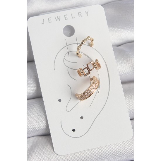 Pirinç Gold Renk Kare Model Zirkon Taşlı 3'Lü Model Kadın Kıkırdak Küpe - TJ-BKP10587