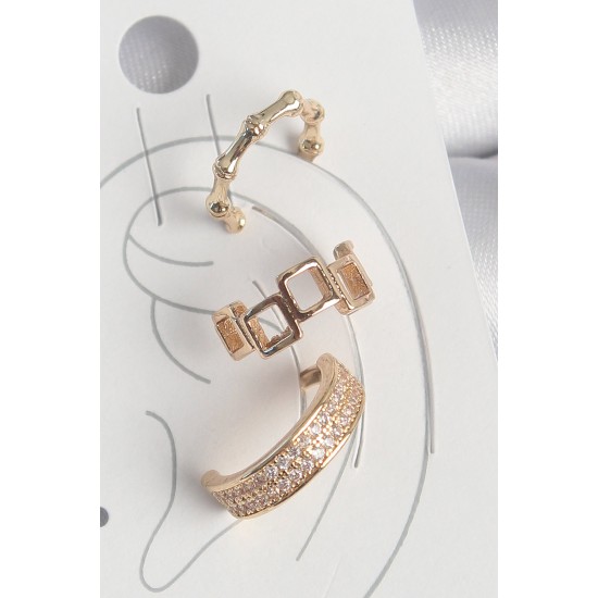 Pirinç Gold Renk Kare Model Zirkon Taşlı 3'Lü Model Kadın Kıkırdak Küpe - TJ-BKP10587