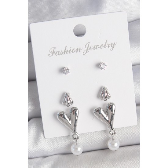 Pirinç Gümüş Renk Zirkon Taşlı Sallantılı Kalp Model 3 Çift Kadın Küpe Seti - TJ-BKP10590