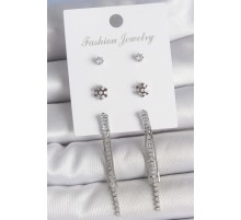 Pirinç Gold Renk Zirkon Taşlı Sallantılı Çiçek Detay 3 Çfit Kadın Küpe Seti - TJ-BKP10591