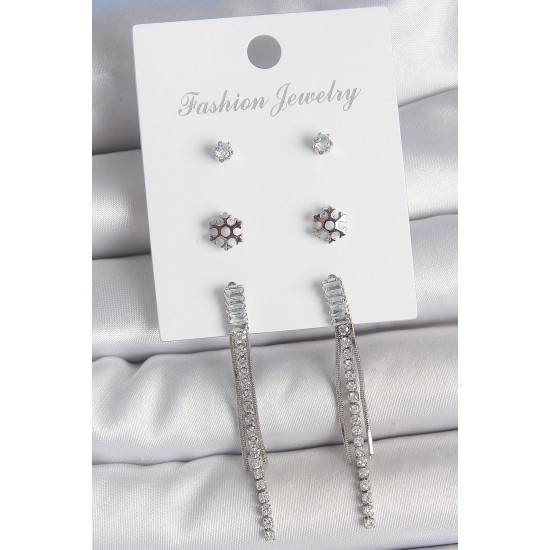 Pirinç Gold Renk Zirkon Taşlı Sallantılı Çiçek Detay 3 Çfit Kadın Küpe Seti - TJ-BKP10591