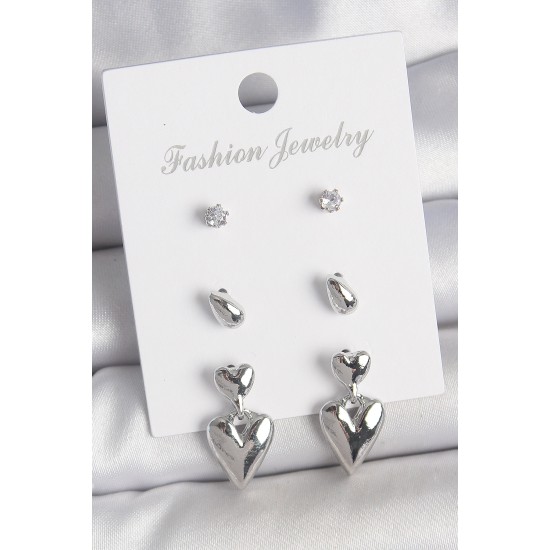 Pirinç Gümüş Renk Zirkon Taşlı Sallantılı Kalp Model 3 Çift Kadın Küpe Seti - TJ-BKP10592