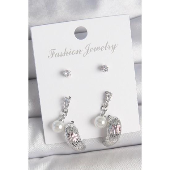 Pirinç Gümüş Renk Sallantılı Zirkon Taşlı Damla Model 3 Çift Kadın Küpe Seti - TJ-BKP10593