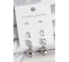 Pirinç Gümüş Renk Zirkon Taşlı Sallantılı Kalp Model Yarım Halka Detay 3 Çfit Kadın Küpe Seti - TJ-BKP10594