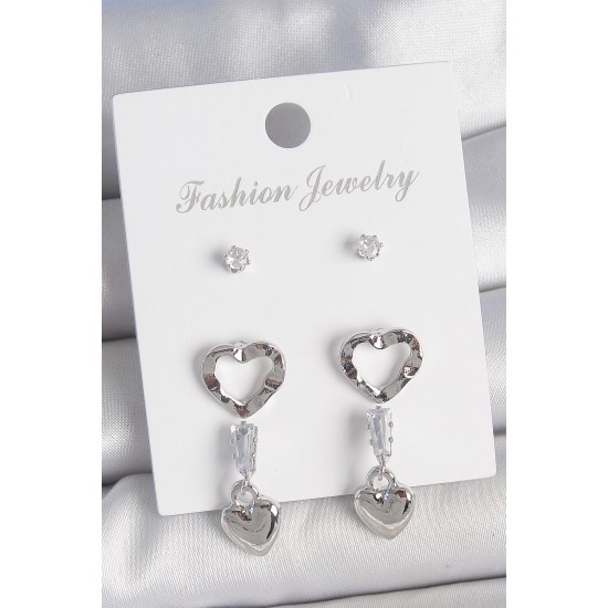 Pirinç Gümüş Renk Zirkon Taş Detaylı Sallantı Model 2 Çift Kadın Küpe Seti - TJ-BKP10595